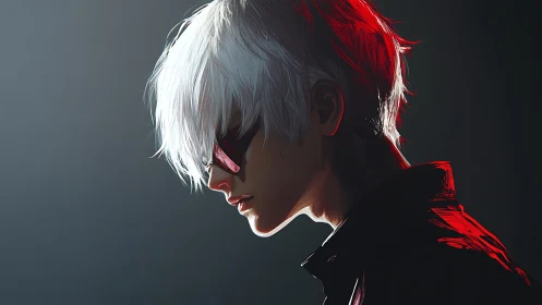 Chromatic rim-lit profile of white-haired digital antihero.