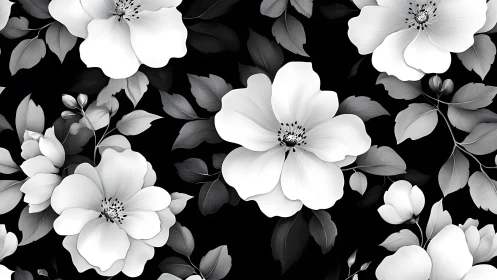 White Flowers Blooming in Monochrome Garden. Elegant black and white botanical arrangement capturing