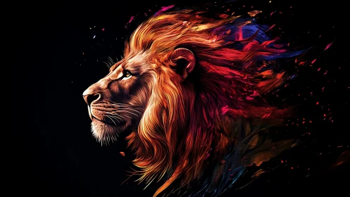 Lion profile with fiery abstract mane on dark background.