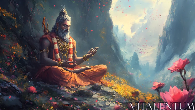 Meditating sage sits in lotus pose on ledge in misty valley