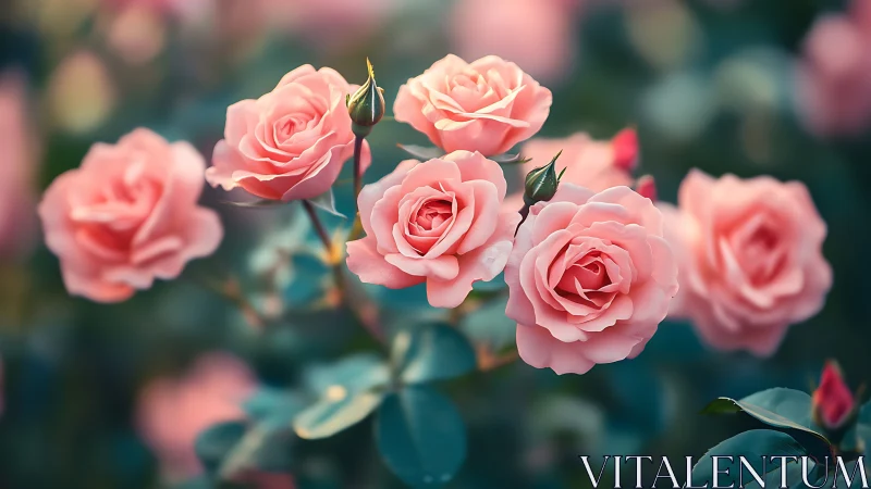 Pink Roses Garden Blooms in Soft Focus Light