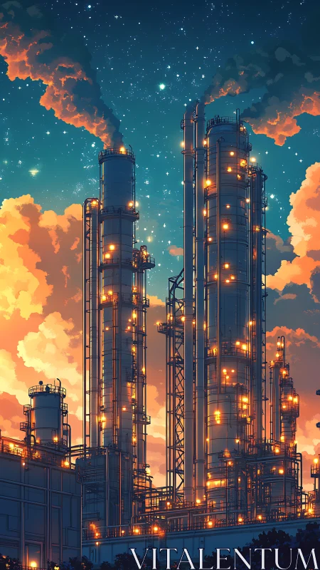 Luminous refinery towers glow against a starlit twilight sky