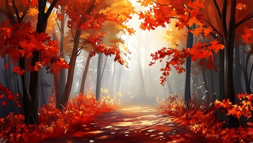 Forest pathway with autumn foliage rendered in digital illustration