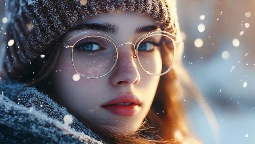 Winter portrait of girl in glasses with luminous snowflakes.