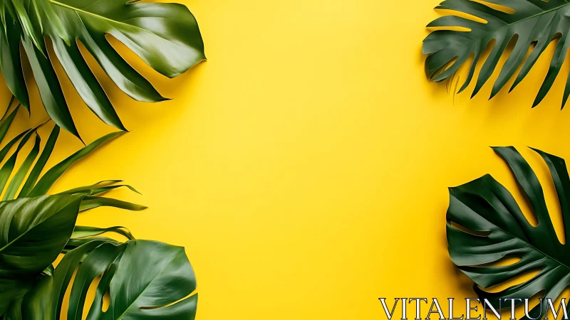 Tropical monstera leaves frame vivid yellow summer backdrop