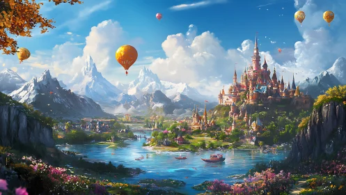 Fantasy castle city sits by a lake beneath hot air balloons