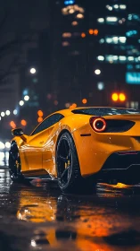 Yellow supercar renders cinematic reflections on wet city street