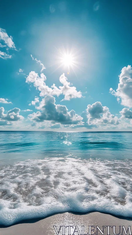 Bright midday sun over turquoise shoreline and soft surf