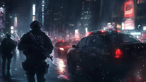 Armed police patrol under neon rain in dense cyber-urban grid