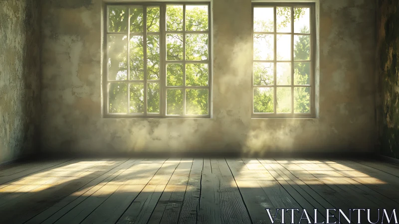 Sunlit empty room opening gently onto green, quiet trees.