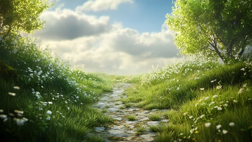 Sunlit stone path winds through tranquil wildflower meadow.