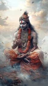 Serene divine figure in orange robes resting within the clouds.