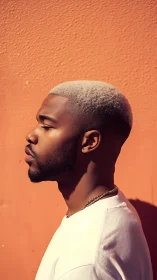 Profile portrait against warm textured orange wall.