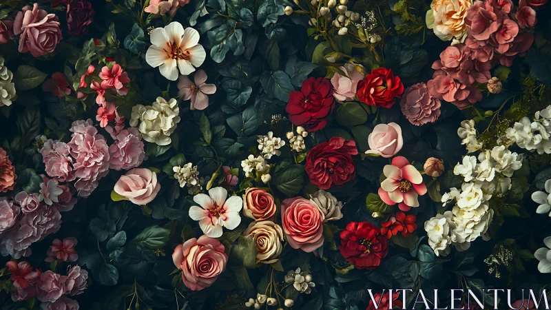 Dense floral arrangement with varied blooms on dark foliage background.