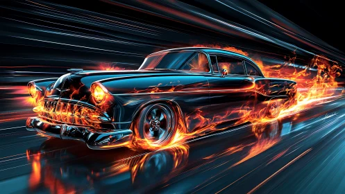 Vintage muscle car accelerates through neon fire trails at speed
