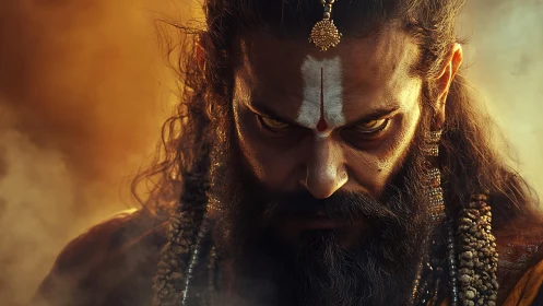 Intense holy man portrait with fierce golden gaze and ash marks.