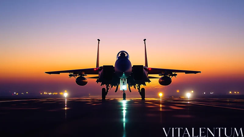 Military jet fighter on runway against vivid sunset sky.