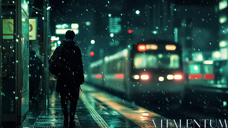 Solitary commuter waits on neon platform in winter snow