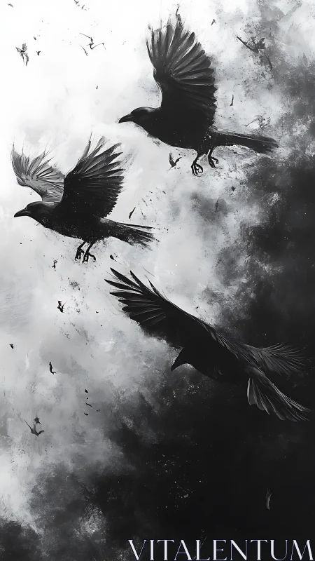Soaring ravens dance boldly between shadow and light