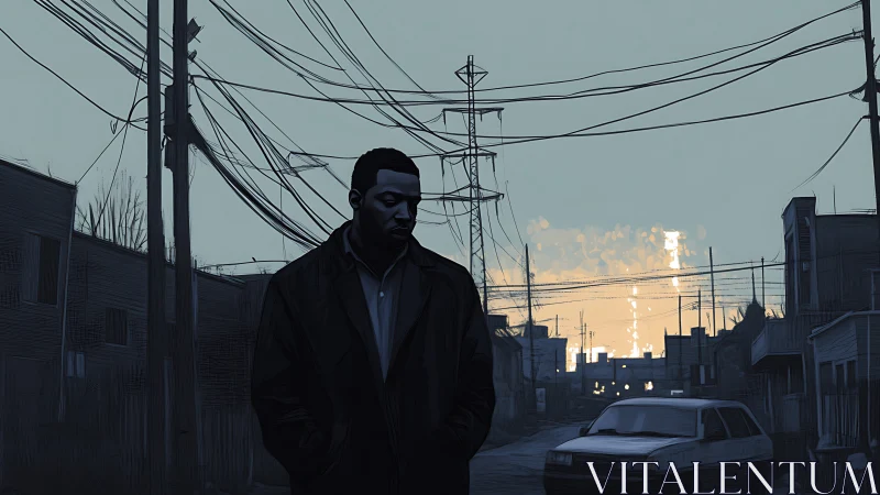 Digital painting of solitary man in urban dusk streetscape.