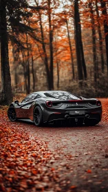 Black sports coupe parked on forest road in autumn light.