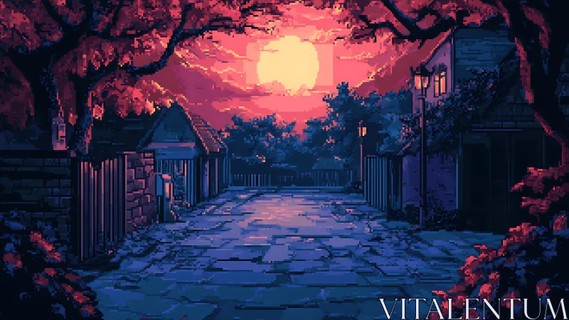 Pixel dusk village street under vivid magenta sunset glow.