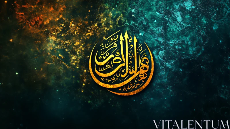 Golden Arabic calligraphy emblem glows on textured nebula field