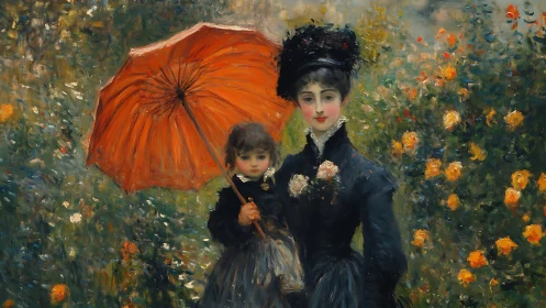 Elegant woman and child with orange parasol in flower garden.