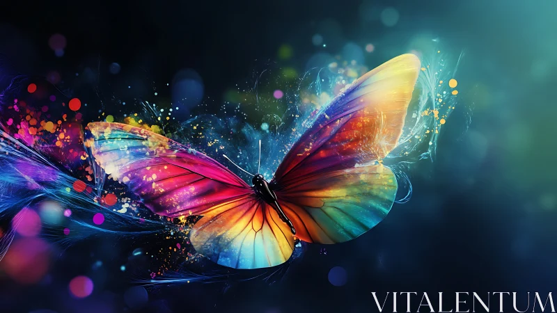 Iridescent macro butterfly with neon bokeh particle trails