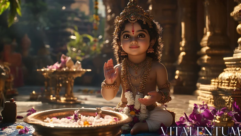 Divine child deity blesses petals in a golden temple courtyard