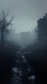 Foggy dirt road passes derelict houses at dusk in winter