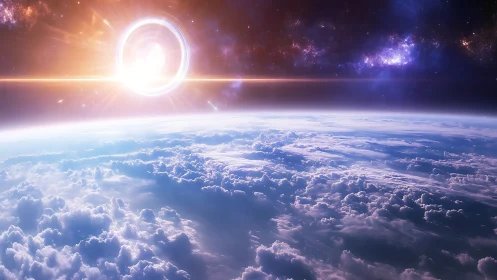 Luminous orbital sunrise with relativistic halo over cloudscape.