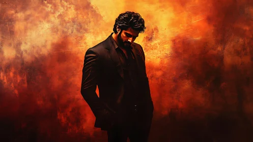 Silhouetted man in black suit against fiery textured backdrop