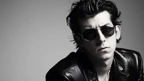 Leather-clad rebel leans into the lens with monochrome swagger