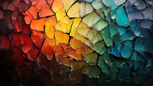 Textured rainbow mosaic abstraction with fractured impasto forms.
