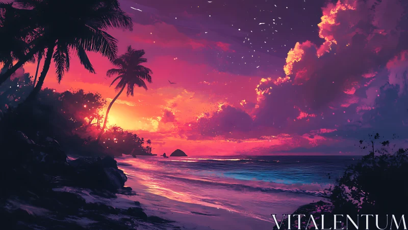 Tropical shoreline glows under magenta cyan sunset sky.