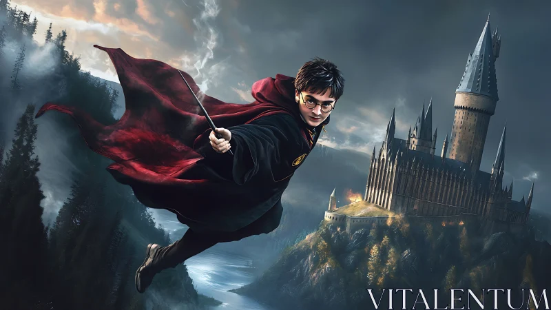 Sky-slicing wizard streaks past stormy cliffside castle