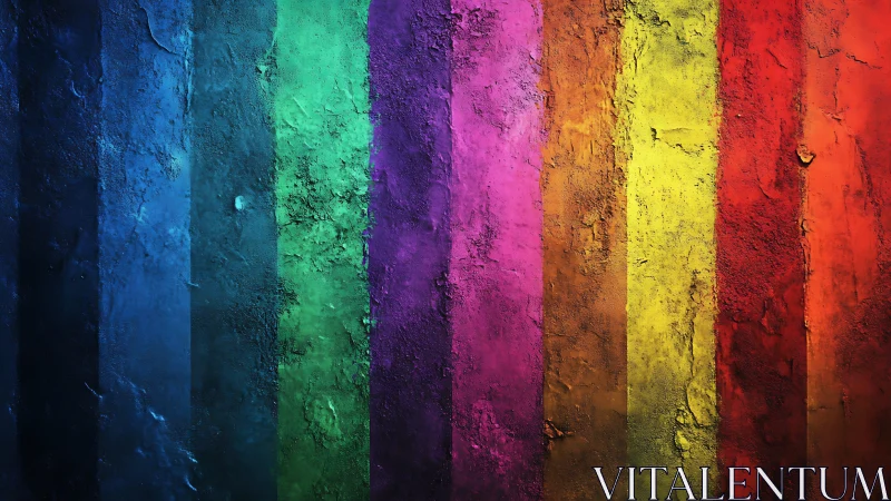 Textured rainbow wall with vertical rough color bands.