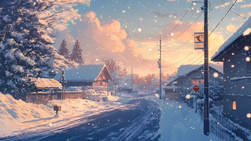 Anime winter streetscape at dusk with atmospheric snow study.