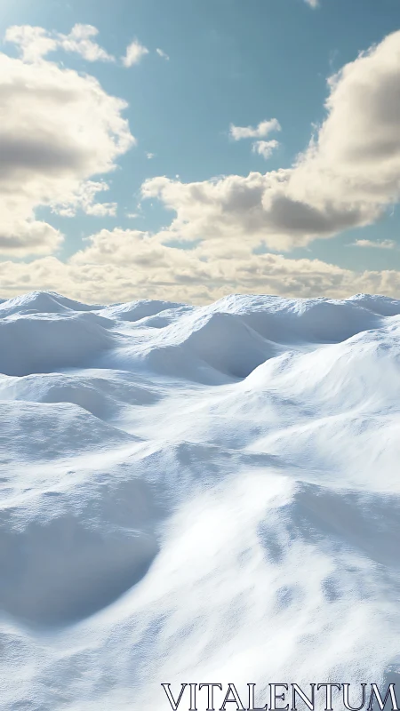 Sunlit snowy hills under soft clouds and blue sky.