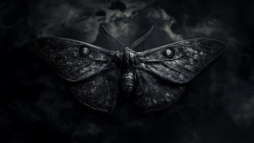 Midnight moth spreads weathered wings in dark swirling air