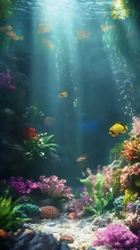 Sunlit coral reef scene shows colorful fish and clear water