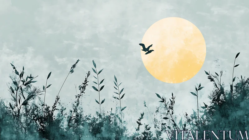 Minimalist landscape with birds, tall grass, and large yellow moon.