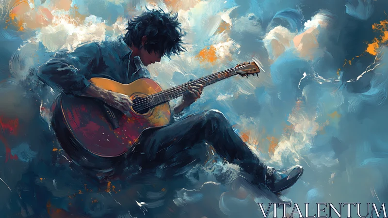 Seated guitarist rendered in dynamic blue and orange strokes