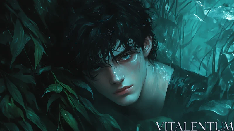 Moisture-lit portrait of pale youth emerging through dense foliage