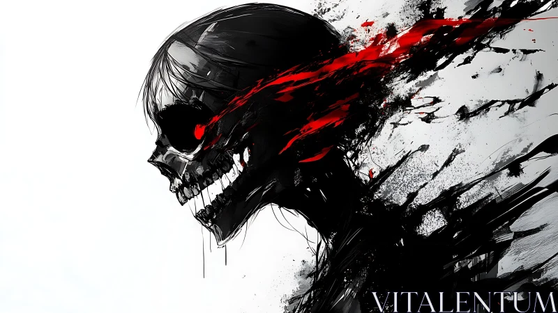 Skull profile dissolves into black strokes and red streaks