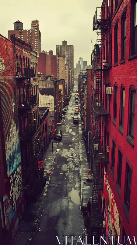 Narrow urban alleyway with wet asphalt and dense fire-escape geometry