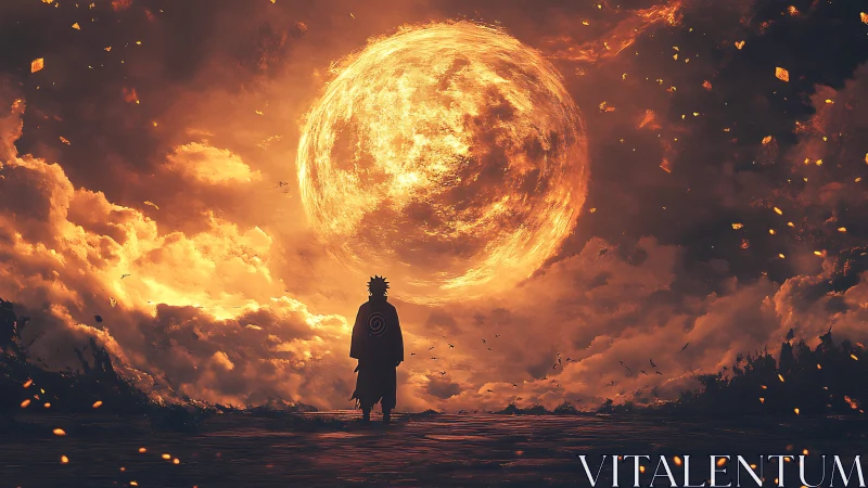 Backlit cloaked figure studies colossal fiery sun amid storm clouds