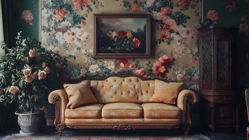 Vintage floral living room scene captures romantic charm