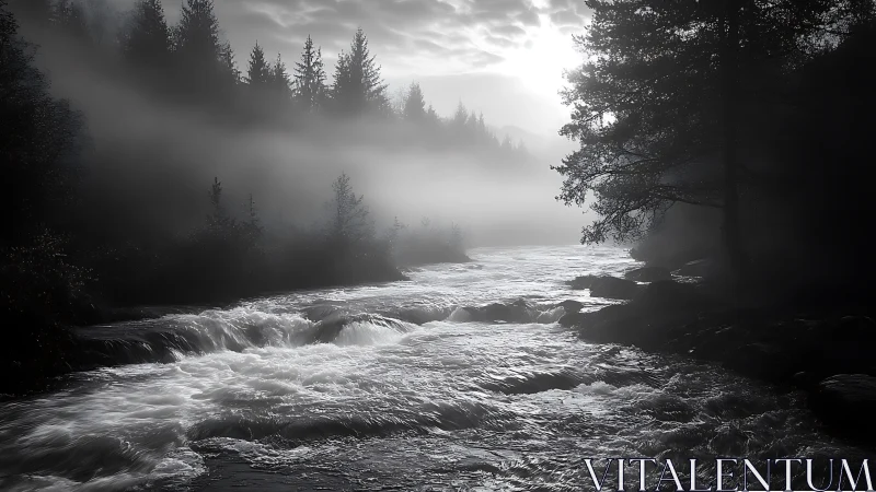 Gentle river glows under misty morning forest light.